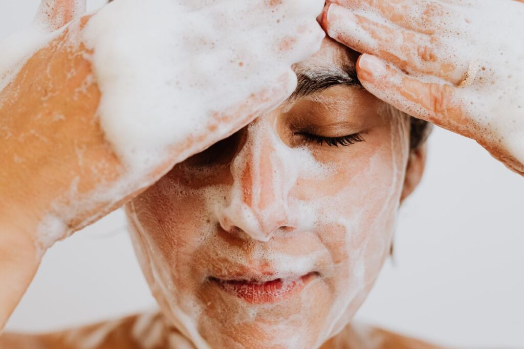 Gentle facial cleanser being applied